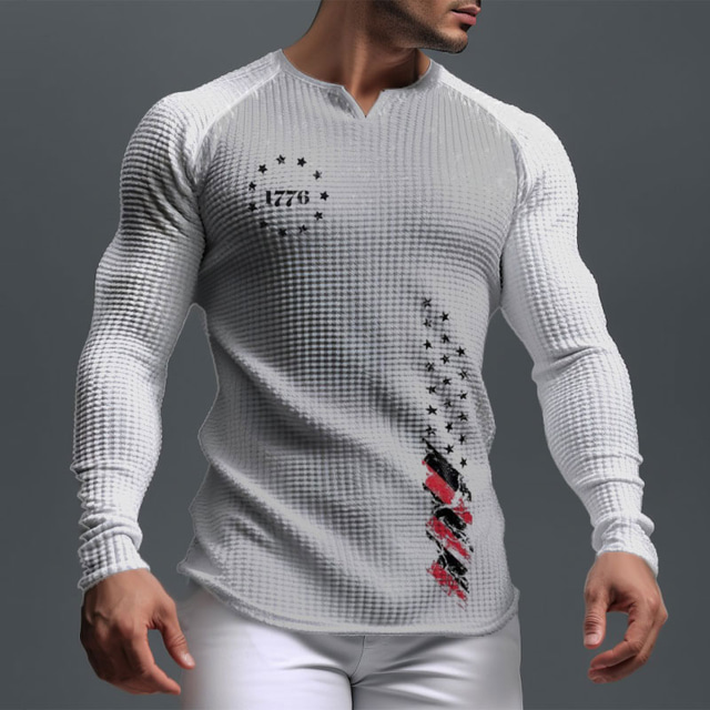  Hombre Graphic 1776 Bandera Camisa de gofres Camiseta Camiseta raglán Manga Larga Camiseta Impresión 3D Escote en Pico Camisa Deportes Diario Casual Deporte Festivos Noche Negro Blanco Azul Marino