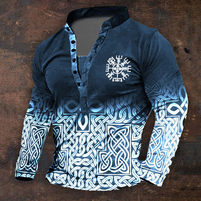  Bărbați Grafic Viching Cămașă Henley Manșon Lung printare 3d Zilnic Retro / vintage Casual Concediu Ieșire Festival Primăvara & toamnă Negru Albastru piscină Maro Trifoi Henley Tricou Henley