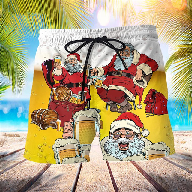  Pantalones cortos para hombre, pantalones cortos de cerveza, bañador con cordón con forro de malla, cintura elástica, Papá Noel, cerveza, secado rápido, corto, vacaciones, playa, hawaiano, casual,
