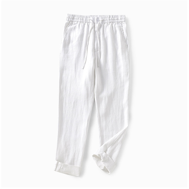  100% Λινό Ανδρικά Λευκά παντελόνια Παντελόνια Casual παντελόνι Κορδόνι Ελαστική μέση Ισιο πόδι Σκέτο Άνεση Αναπνέει Causal Καθημερινά Αργίες Μοντέρνα Κλασσικό στυλ Μαύρο Λευκό