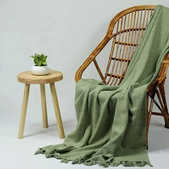  zelená plátěná deka s třásněmi na gauč/postel/pohovku/dárek, přírodní praný len jednobarevný měkký prodyšný útulný selský dům boho domácí dekorace