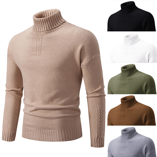  Men's Pullover Sweater Jumper Turtleneck Sweater Knit Sweater Ribbed Knit Regular Knitted Plain Turtleneck Keep Warm Modern Contemporary Daily Wear Going out Clothing Apparel Fall Winter Black White