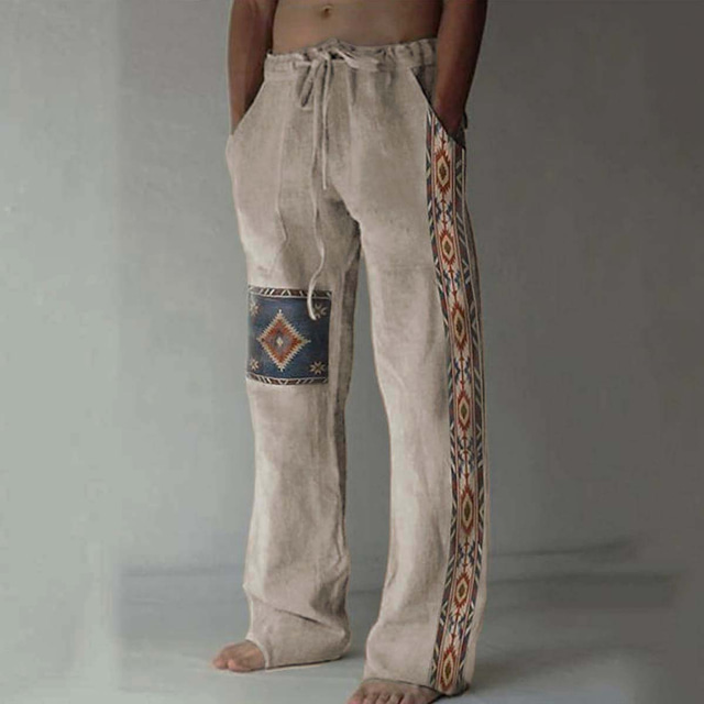  Men's Linen Pants Trousers Summer Pants Beach Pants Drawstring Elastic Waist 3D Print Geometric Pattern Graphic Prints Comfort Casual Daily Holiday 20% Linen Vintage Ethnic Style Black White