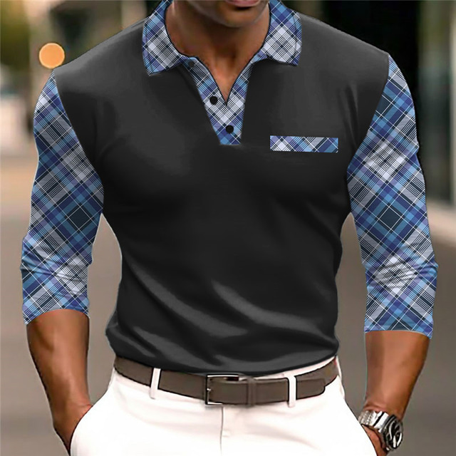  Tartan / Carouri Afacere Bărbați Polo tricot cablu polo de golf Manșon Lung În aer liber Casul / Zilnic Haine de strada Toamna iarna #D Imprimeu Răsfrânt Negru Alb Albastru Marin Închis Micro-elastic