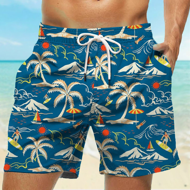  Herre Surf shorts Badeshorts Snørelukning med mesh-for Elastisk Talje Kokos palme Hurtigtørrende Korte Ferie Strand Hawaiiansk Afslappet Navyblå Blå Mikroelastisk