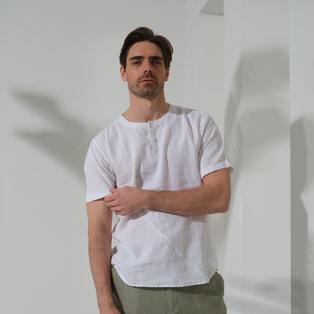  100% len Pánské Košile plátěná košile Bílá Béžová Krátký rukáv Bez vzoru Tričkový Léto Venkovní Denní Oblečení