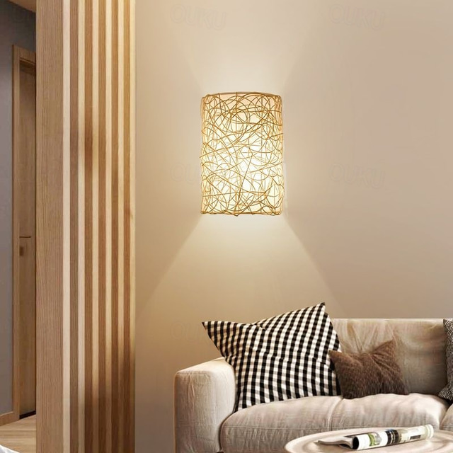  Modern Wall Sconces Rattan Wall Sconce Indoor Wall Lamp Farmhouse Wall Light for Living Room Dining Room Study Bedroom Bathroom Stairs