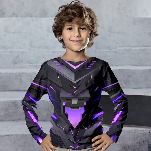  Boys 3D Geometric Tee Shirts Long Sleeve 3D Print Spring Fall Sports Fashion Streetwear Kids 3-12 Years Crew Neck Outdoor Casual Daily Regular Fit