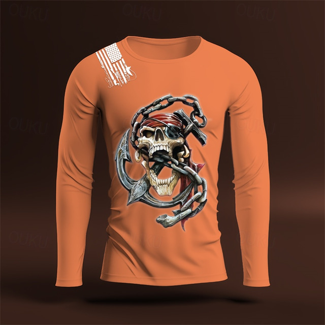  Men's Pirate Skulls T Shirt 100% Cotton Long Sleeve Graphic Shirt White Orange Comfortable Tee Sports Outdoor Holiday Fashion Designer Clothing