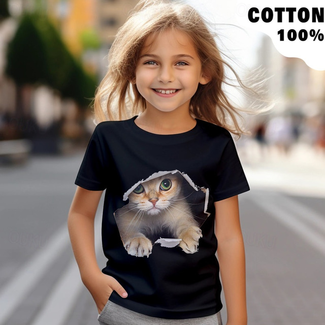  100% Coton Enfants Fille Noir Blanche Chat Tee-shirts Chemises Col Ras du Cou Manche Courte Extérieur Casual du quotidien Actif Mode Le style mignon Col ras du cou Eté