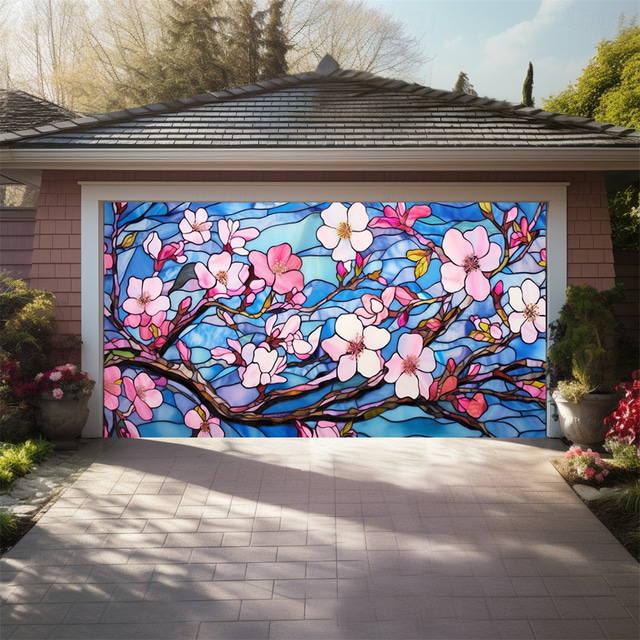 Stained Glass Floral Outdoor Garage Door Cover Banner Beautiful Large Backdrop Decoration for Outdoor Garage Door Home Wall Decorations Event Party Parade