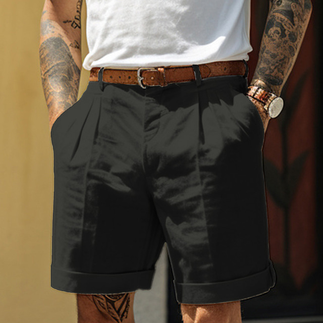  Homens Calção Shorts de linho Shorts sociais Shorts de verão Short plissado Bolsos Pregas Perna reta Tecido Conforto Respirável Curto Casual Diário Feriado Moda Designer Preto Branco