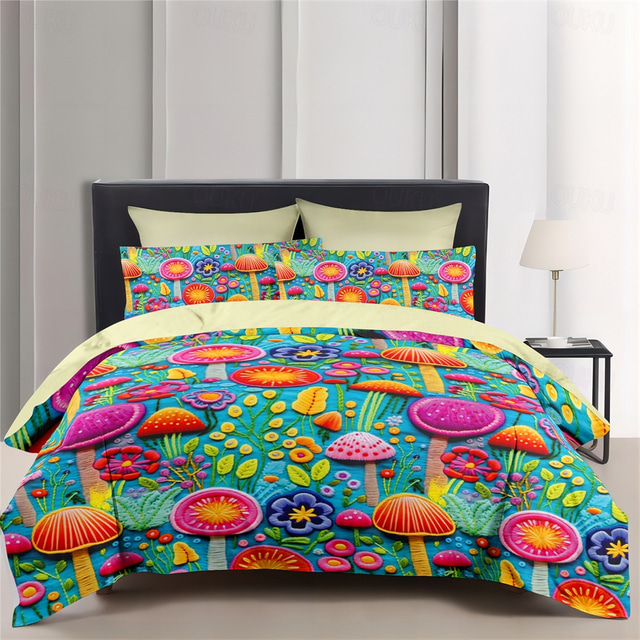  Mushroom Pattern Duvet Cover Set Comforter Set Soft 3-Piece Luxury Cotton Bedding Set Home Decor Dusk Bedding Gift King Queen Full Size