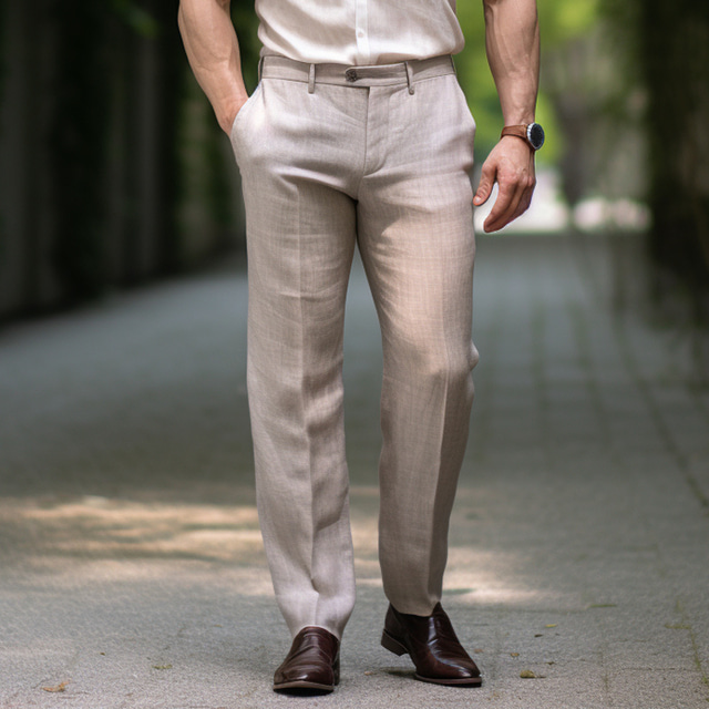  Men's Linen Pants Summer Pants Front Pocket Straight Leg Plain Comfort Breathable Casual Daily Holiday Linen Cotton Blend Simple Basic Khaki