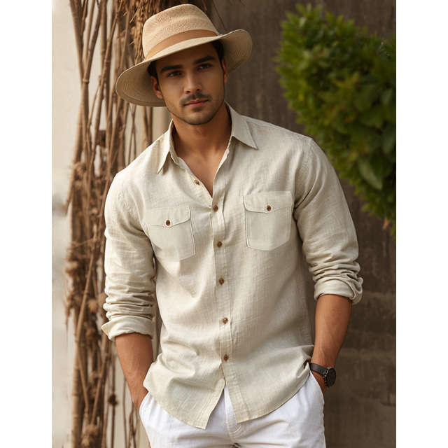  45% Linen Pocket Men's Shirt Linen Shirt Button Up Shirt Beach Shirt Black White Khaki Long Sleeve Plain Lapel Spring &  Fall Outdoor Daily Clothing Apparel