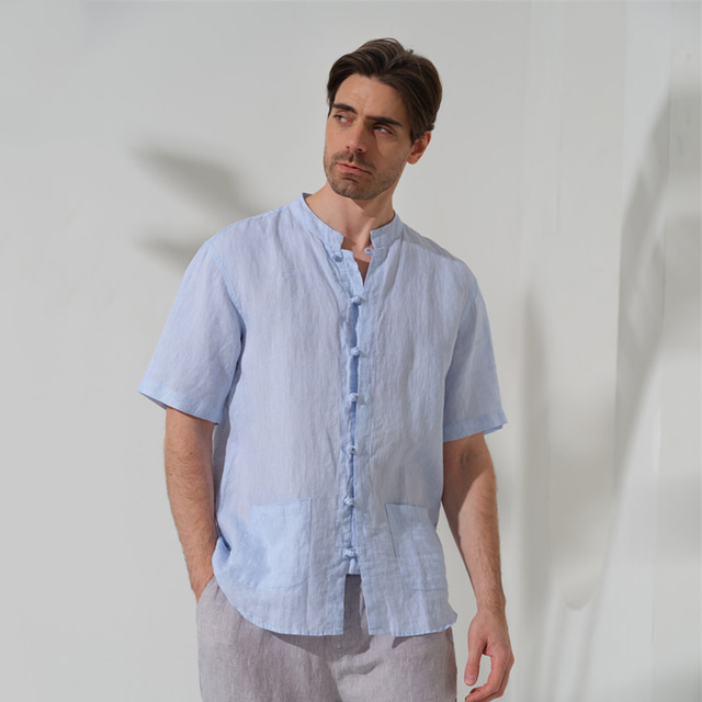  100% Lino Hombre Camisa camisa de lino Negro Blanco Azul Piscina Manga Corta Plano Cuello Verano Exterior Diario Ropa
