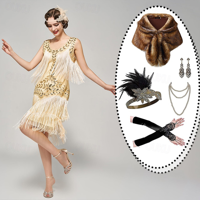  set con midi vestito da flapper fascia di piume scialle di pelliccia sintetica collana orecchini lunghi guanti da opera abiti da donna ruggenti anni '20 anni '20 ragazza flapper cocktail festa in