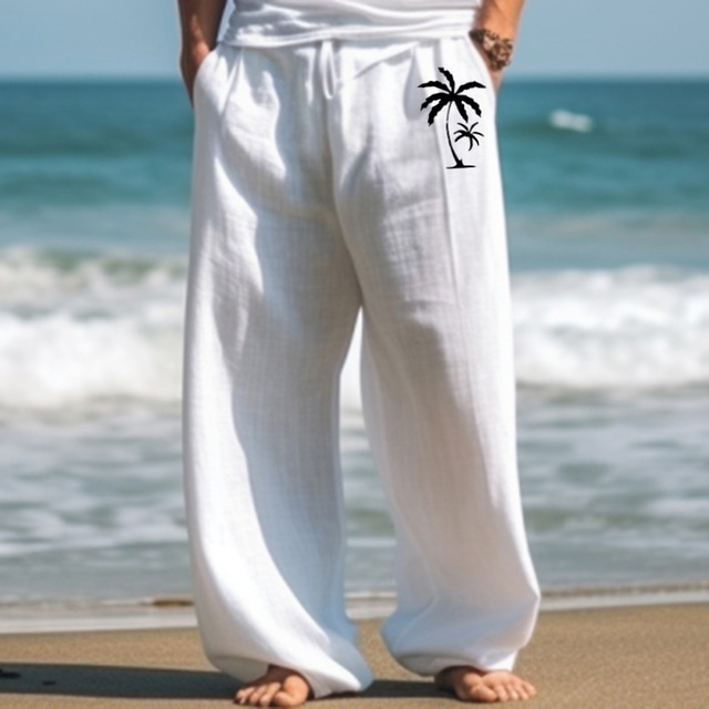  男性用 リネンパンツ ズボン サマーパンツ ビーチパンツ ドローストリング 弾性ウエスト まっすぐな足 ひし形 履き心地よい 高通気性 カジュアル 日常 祝日 リネン 40% エスニック シンプル ホワイト