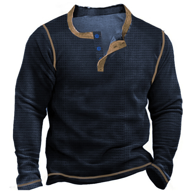  Herr Waffle Henley Shirt T-shirts Långärmad tröja Slät Henley Utomhus Ledigt Långärmad Knapp Kläder Mode Designer Bekväm