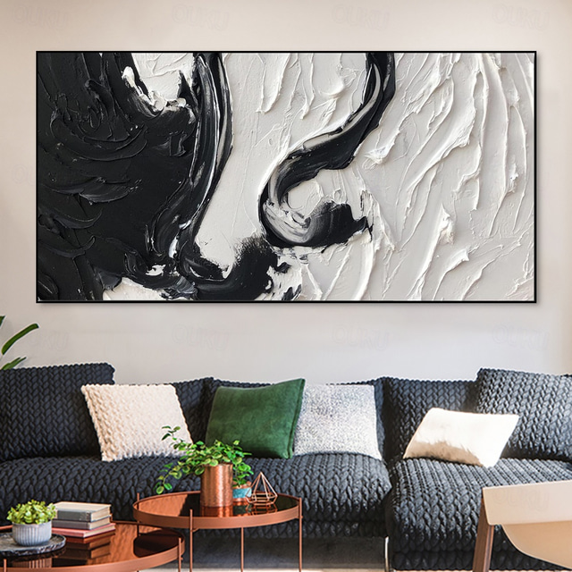  handgjorda oljemålningar canvas väggdekoration svart och vit minimalism abstrakt tjock oljekniv ritning för heminredning rullad ramlös osträckt målning