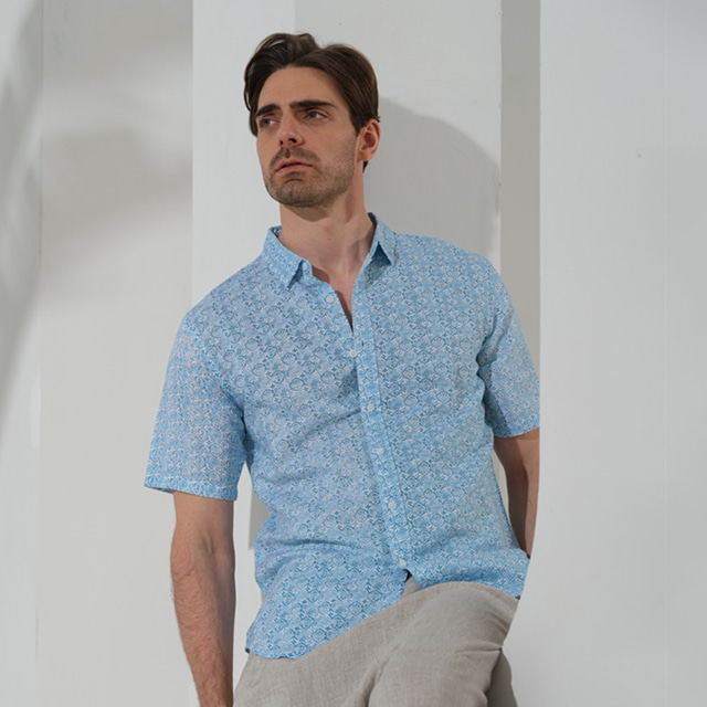  100% Lino Hombre Camisa camisa de lino Camisa de playa Azul Piscina Manga Corta Patrones de Rombo Diseño Verano Exterior Diario Ropa