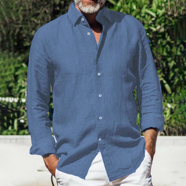  Men's Linen Shirt Button Up Shirt Casual Shirt Beach Shirt Black Khaki Dark Blue Long Sleeve Plain Turndown Spring & Summer Hawaiian Holiday Clothing Apparel