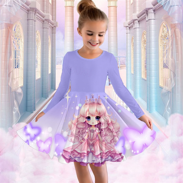  Girls' 3D Cartoon Butterfly Dress Long Sleeve 3D Print Fall Winter Vacation Sports & Outdoor Daily Cute Casual Beautiful Kids 3-12 Years Casual Dress A Line Dress Above Knee Regular Fit
