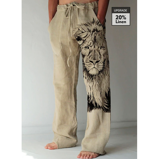  Men's Linen Pants Trousers Summer Pants Beach Pants Drawstring Elastic Waist 3D Print Animal Lion Graphic Prints Comfort Casual Daily Holiday 20% Linen Streetwear Hawaiian Blue Green