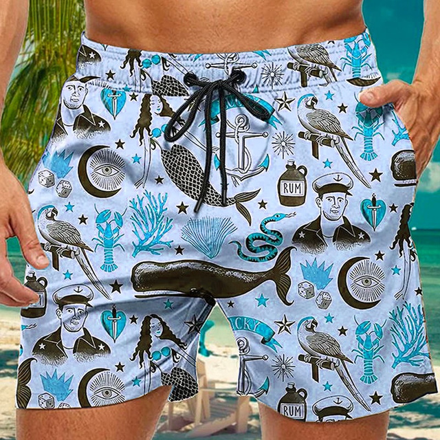  Men's Marine Life Swimming Trunks Board Shorts Swim Shorts Mid Waist Hawaiian Casual Holiday Beach Drawstring with Mesh lining Elastic Waist Designer Clothing Apparel