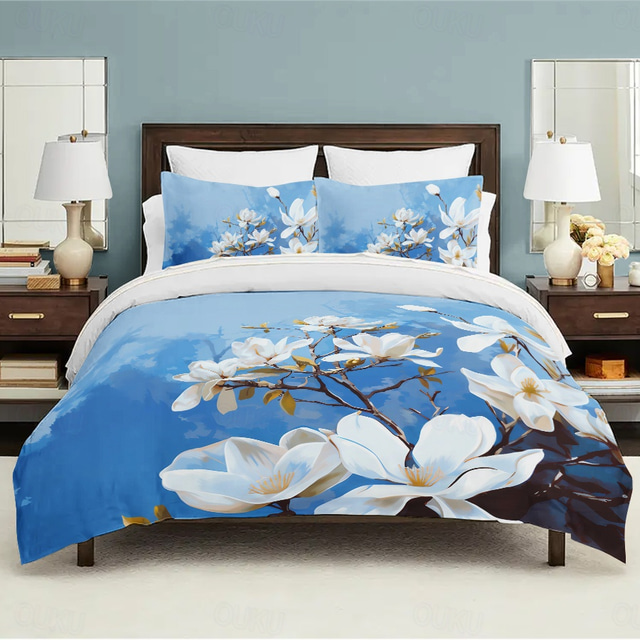  L.T.Home 100% Cotton Sateen Duvet Cover Set Reversible Premium 300 Thread Count Floral Pattern Elite Bedding Set Queen King Size