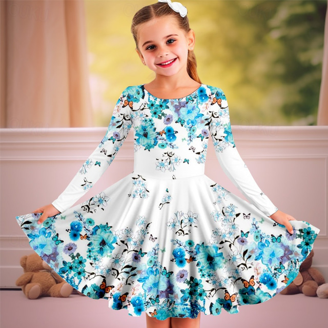  Easter Carnival Girls' 3D Floral Dress Pink Long Sleeve 3D Print Spring Fall Vacation Sports & Outdoor Daily Cute Casual Beautiful Kids 3-12 Years Casual Dress A Line Dress Above Knee Regular Fit