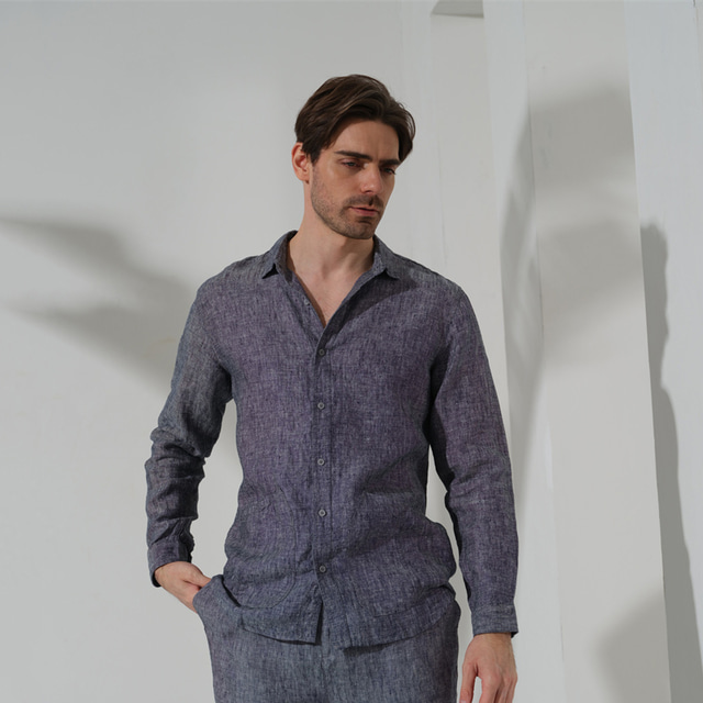  100% Linen Pocket Men's Shirt Linen Shirt Button Up Shirt Blue Gray Long Sleeve Plain Lapel Spring &  Fall Outdoor Daily Clothing Apparel