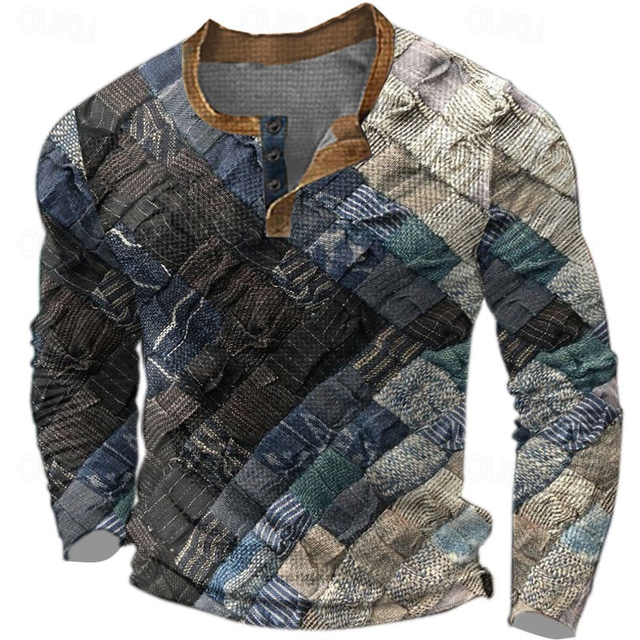  Herre Grafisk Lapper Henly-skjorte Vaffel T-skjorte Langermet 3D-utskrift Mote Designer Fritid Sport & Utendørs Ferie Festival Vår & Vinter Blå Brun Grønn Grå Henley Henley T-skjorte