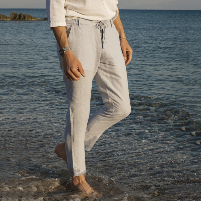  Men's Linen Pants Summer Pants Drawstring Front Pocket Plain Comfort Breathable Casual Daily Holiday Linen Cotton Blend Fashion Basic White Sky Blue