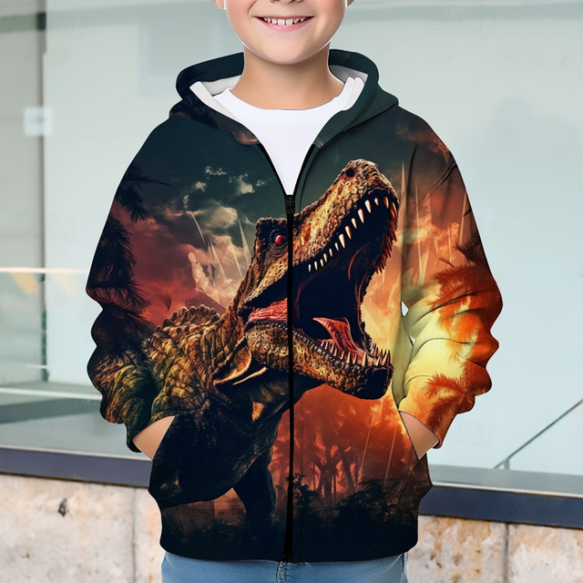  Boys 3D Dinosaur Hoodie Coat Outerwear Long Sleeve Fall Winter Active Streetwear Cool Kids 3-12 Years Zip Street Daily Regular Fit