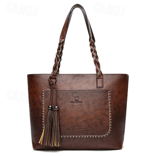  Vintage Brown Faux Leather Tote Bag with Braided Straps and Tassel Detail - Ideal for Daily Use and Casual Outings