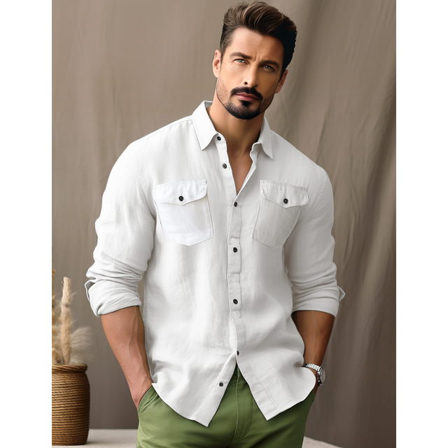  45% Linen Pocket Men's Shirt Linen Shirt Button Up Shirt Beach Shirt Black White Green Long Sleeve Plain Lapel Spring &  Fall Outdoor Daily Clothing Apparel