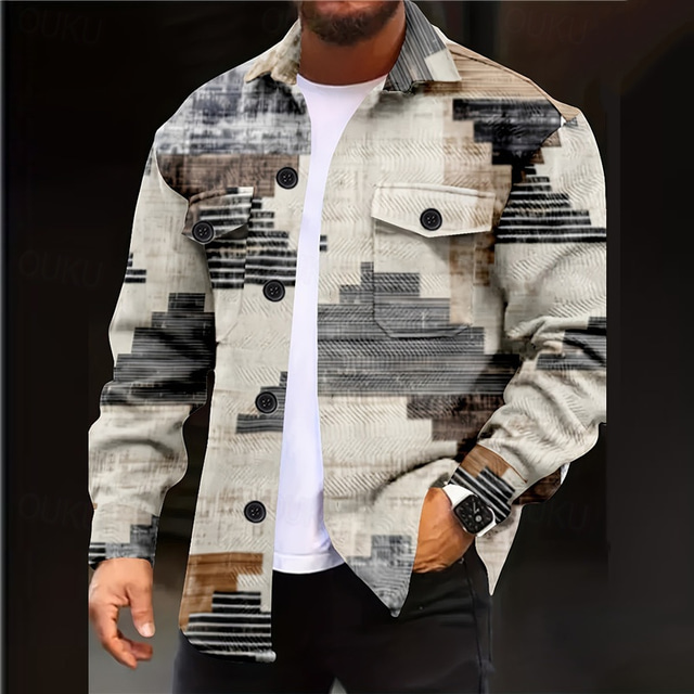  Férfi Színes Mértani formák Geometria Ing Ingkabát Overshirt Hosszú ujj Üzlet Alkalmi Hétköznapi viselet Alkalmi Hétvége Ősz & tél Térfogatcsökkenés Zseb Nyomtatott Gomb lefelé Fekete Khakizöld