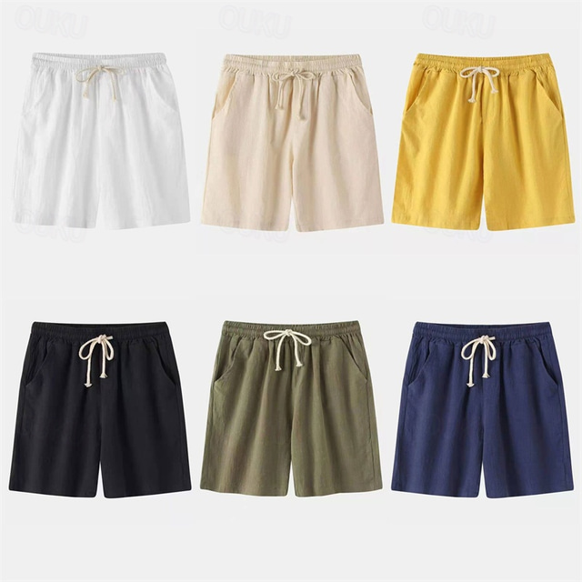  Men's Shorts Linen Shorts Summer Shorts Drawstring Elastic Waist Plain Comfort Short Casual Daily Holiday Linen Cotton Blend Fashion Classic Style Black White