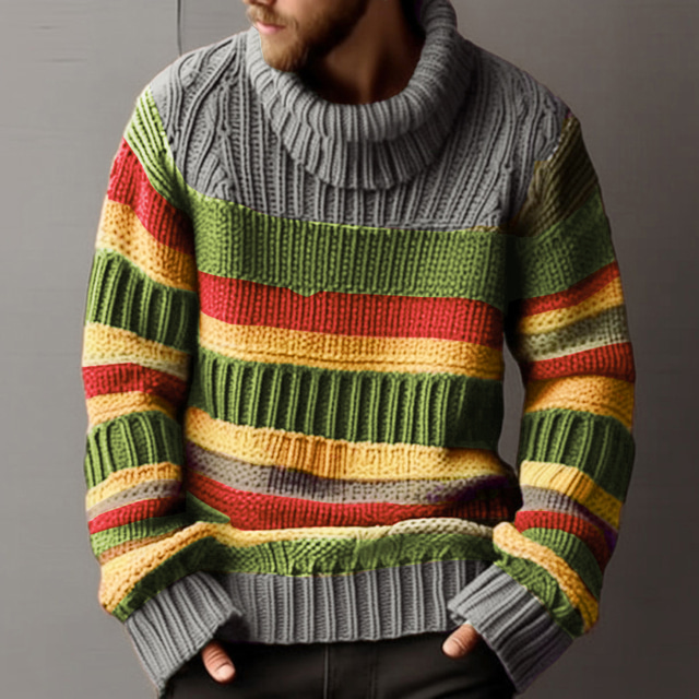  Men's Turtleneck Sweater Jumper  Pullover Sweater Striped Sweater Ribbed Cable Knit Regular Knitted Color Block Keep Warm Modern Contemporary Daily Wear Clothing Apparel Fall