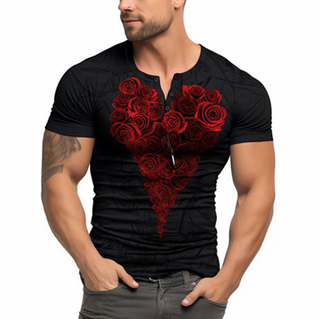  Homme Rose Graphic La Saint-Valentin T shirt Chemise Henley Shirt Manche Courte 3D effet Mode Rétro Vintage Classique Sport extérieur Vacances Sortie Printemps été Noir Rouge Henley T-shirt Henley