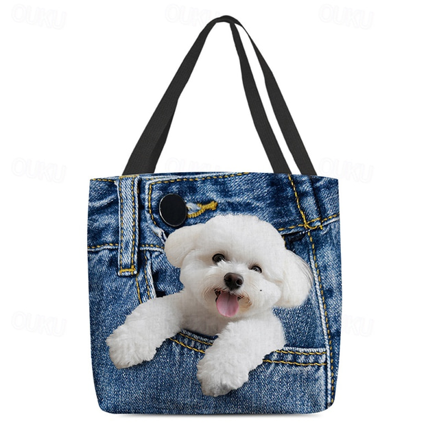  Women's Tote Shoulder Bag Canvas Tote Bag Polyester Shopping Daily Holiday Print Large Capacity Foldable Lightweight Dog Black Red Blue