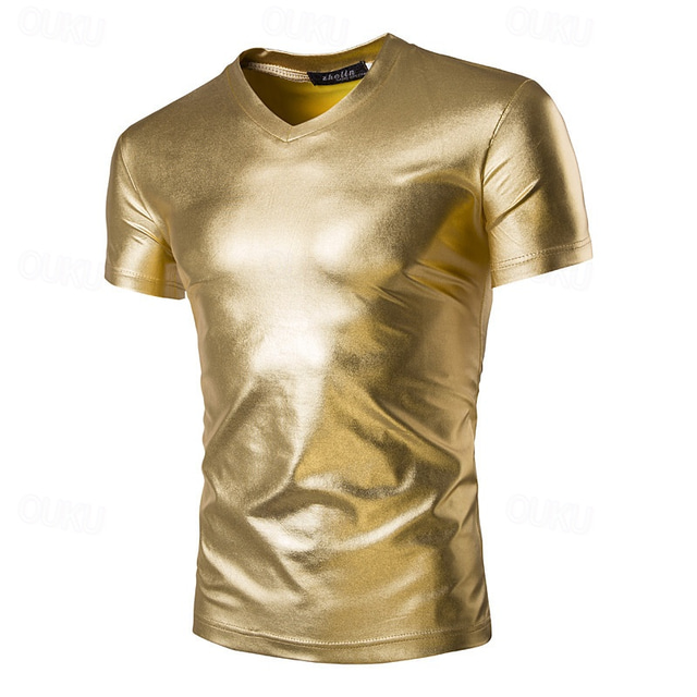 Retro Vintage 1980s Shiny Metallic T-shirt Disco Solid Color Round Neck Fancy Dress Men's Carnival Performance Club Pride Parade Adults' T-shirt Summer