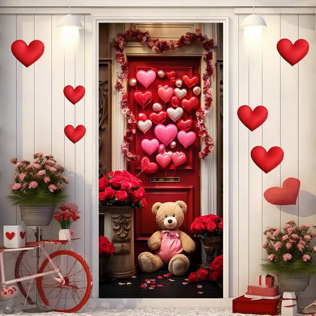  Wedding Outdoor Decorations Door Covers Door Tapestry Door Curtain Decoration Backdrop Indoor/Outdoor Door Banner for Front Door Farmhouse Bear Hearts