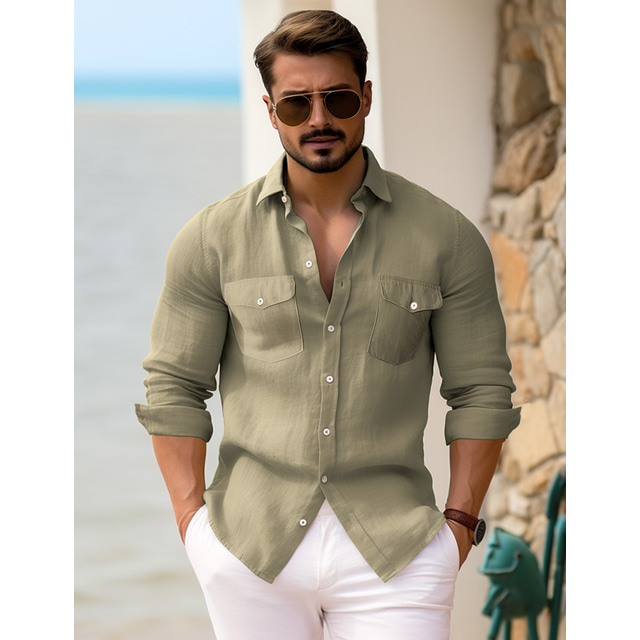  45% Linen Pocket Men's Shirt Linen Shirt Button Up Shirt Beach Shirt Black White Green Long Sleeve Plain Lapel Spring &  Fall Outdoor Daily Clothing Apparel