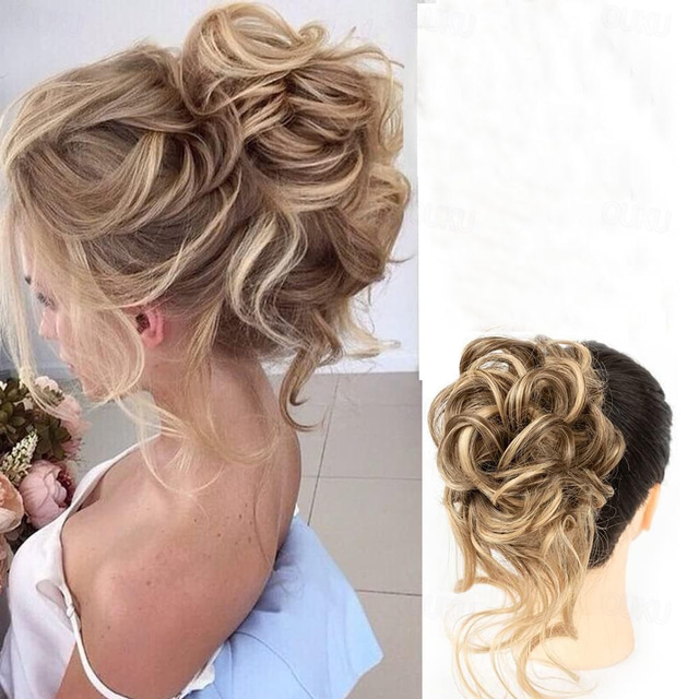  Messy Bun Hair Piece Messy Hair Bun Scrunchies for Women Tousled Updo Bun Synthetic Wavy Curly Chignon Ponytail Hairpiece for Daily Wear