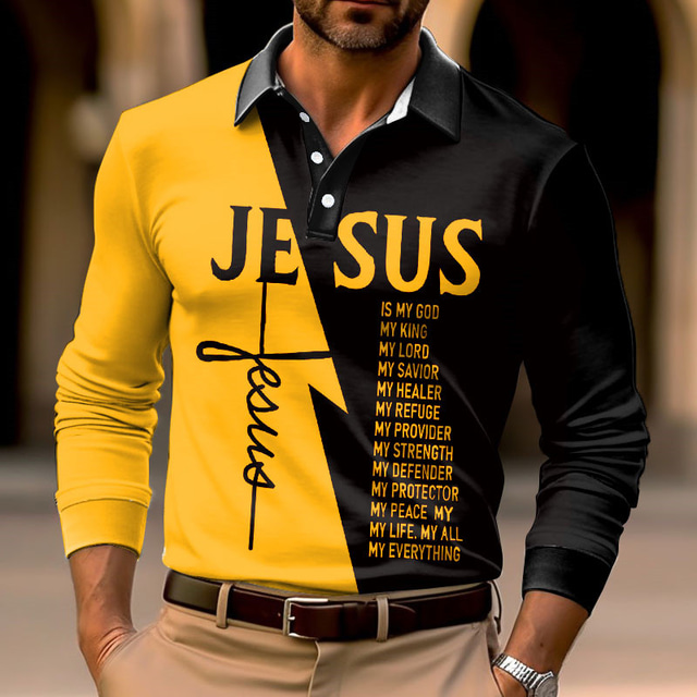  Men's Polo Shirt Golf Shirt Letter Cross Jesus Turndown White Yellow Blue Brown Outdoor Street Long Sleeve Print Clothing Apparel Fashion Streetwear Designer Soft