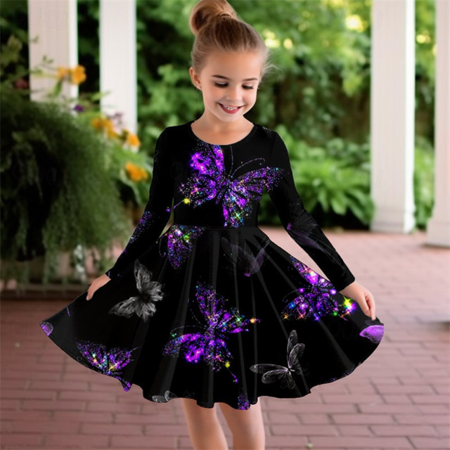  Mädchen' 3D Schmetterling Kleid Langarm 3D-Druck Frühling Herbst Urlaub Sport & Natur Täglich Kuschelig Brautkleider schlicht Schön kinderkleidung 3-12 Jahre Casual kleid A Linie Kleid Übers Knie