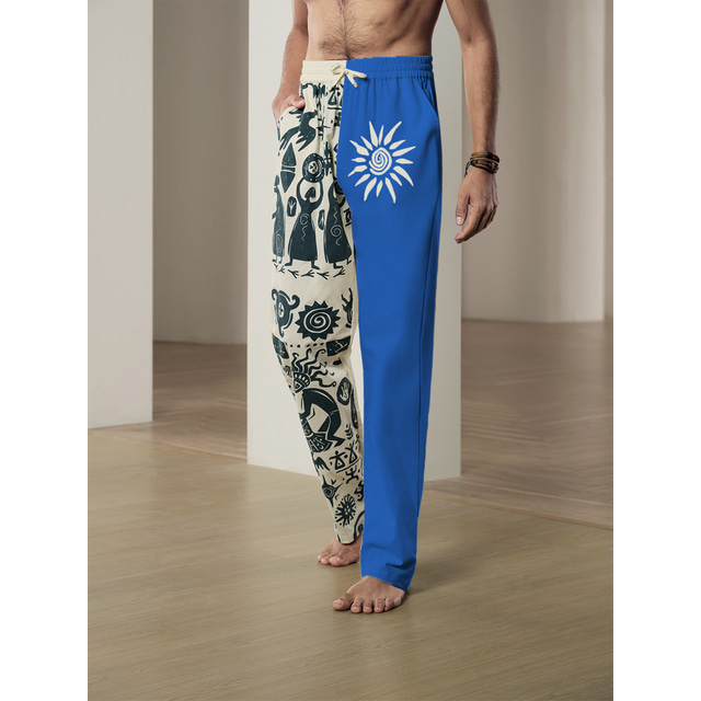  Men's Graphic Prints Flower / Floral Linen Pants Trousers Summer Pants Mid Waist Ethnic Style Casual Daily Holiday Drawstring Elastic Waist 3D Print Spring & Summer 3D Print Black Blue Khaki