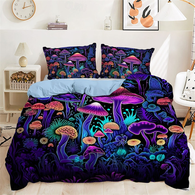  Fantasy Forest Mushrooms Pattern Duvet Cover Set Comforter Set Soft 3-Piece Luxury Cotton Bedding Set Home Decor Dusk Bedding Gift King Queen Full Size